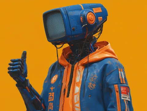 A sleek minimalist robot with a retro blue TV monitor for a head
