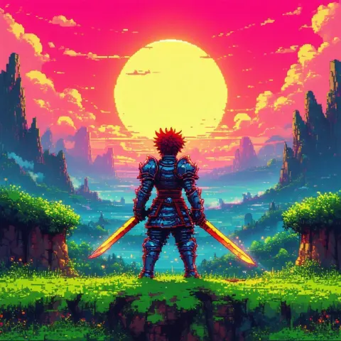 Eight Bit Berserk Warrior in Golden Pixel Light