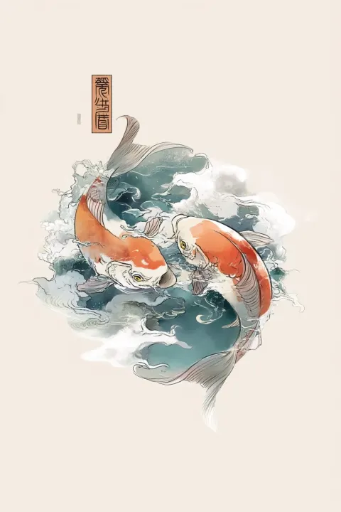 Traditional Japanese picture of two Carps swimming towards each other in blue water white white spla