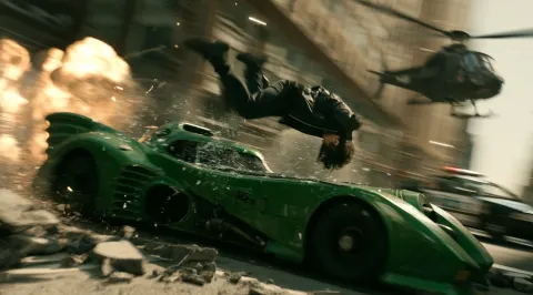 A dynamic action scene in the city, featuring an extreme close-up of a young man wearing a black jac