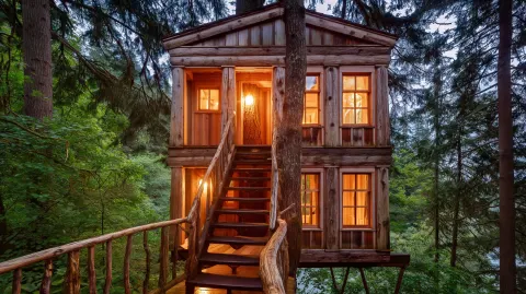 A treehouse in the forest, made of wood, with a staircase leading to the second floor. the house has