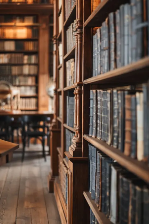 Vintage academic library interior, classic wooden bookshelves with realistic books
