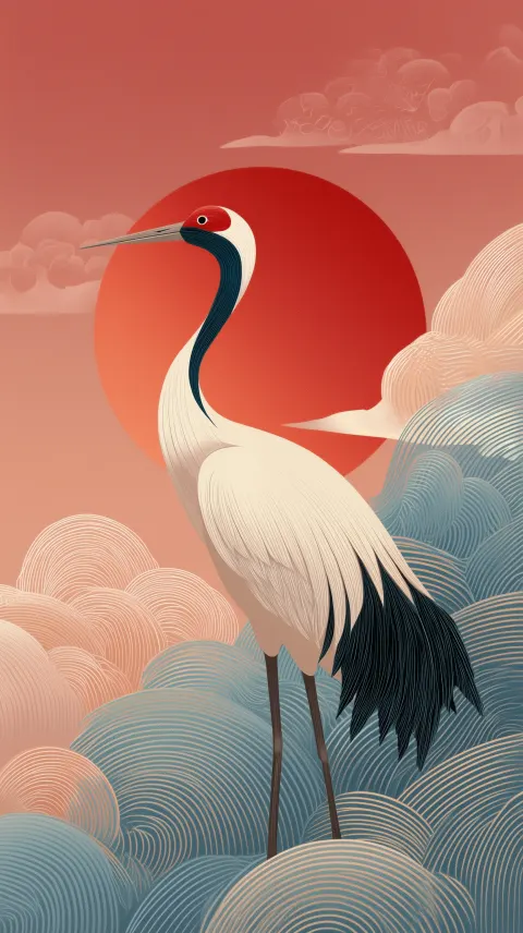 New Chinese Style Crane Before a Red Sun