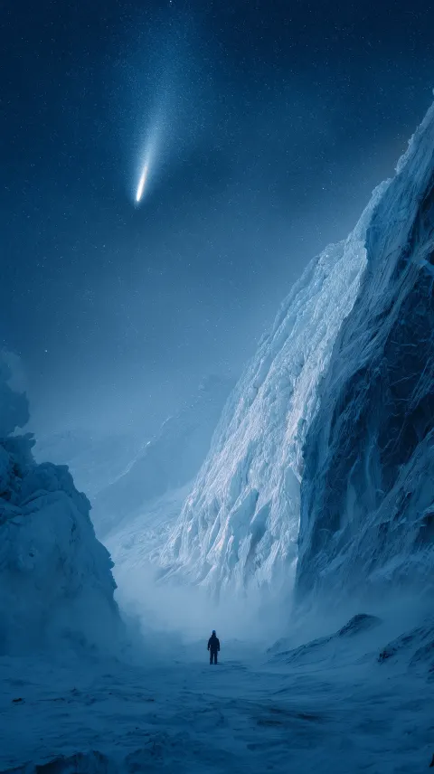 Prompt: Aerial cinematic shot of a massive, treacherous glacier in the Kunlun Mountains under a dark