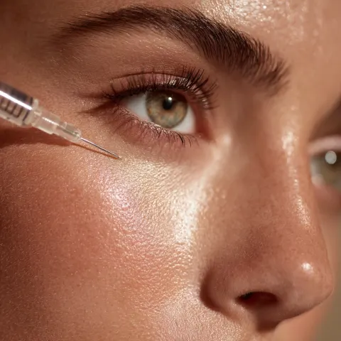 Close up photo of injectable on female wellness spa. beige background with a light streak. photoreal