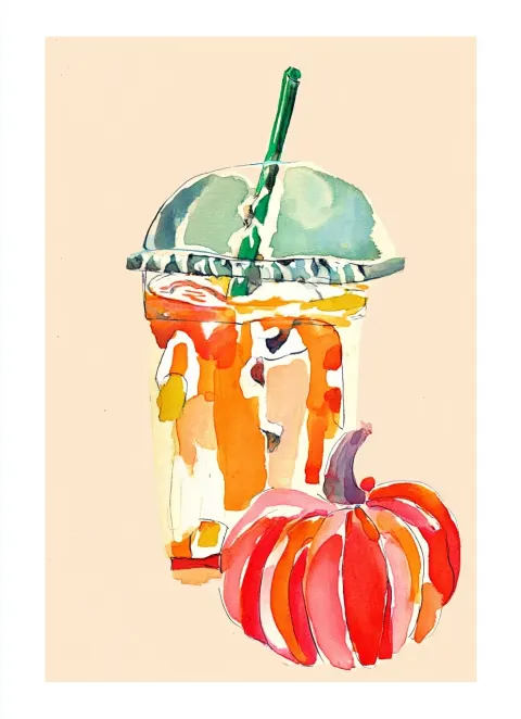 Vintage illustration of a pumpkin-flavored iced coffee, cute and dreamy