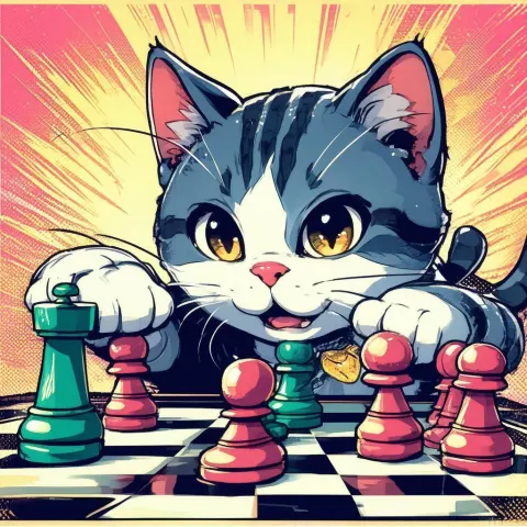 Manga Cat Locked in a Checkers Showdown