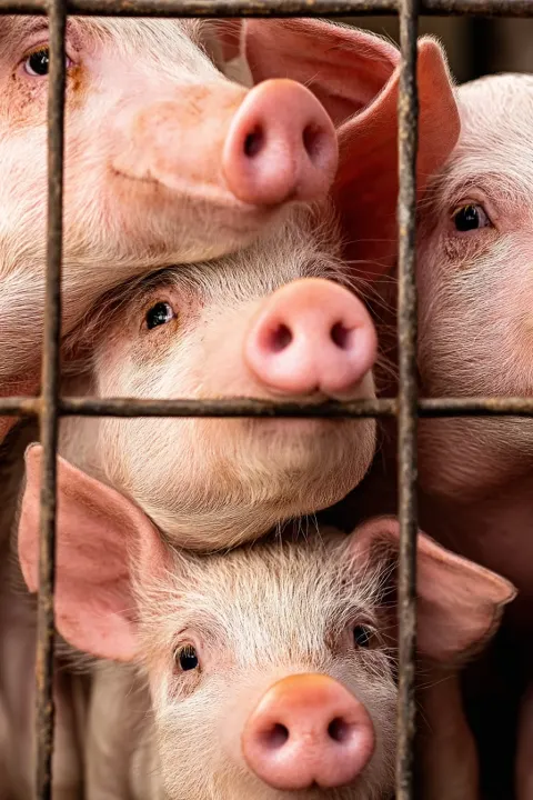 Photo: A group of pigs, arranged one above the other, look through the metal bars of a cage