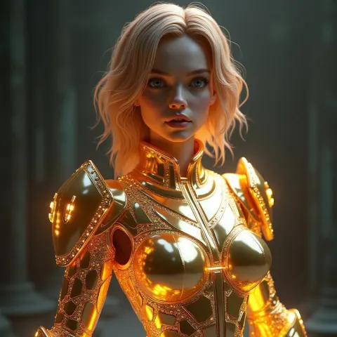 Emma Stone in Gleaming Gold Sci Fi Armor