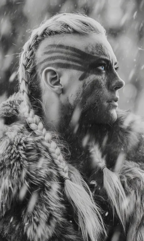 Close-up side portrait of a disfigured nordic adult woman warrior surrounded by a snow storm