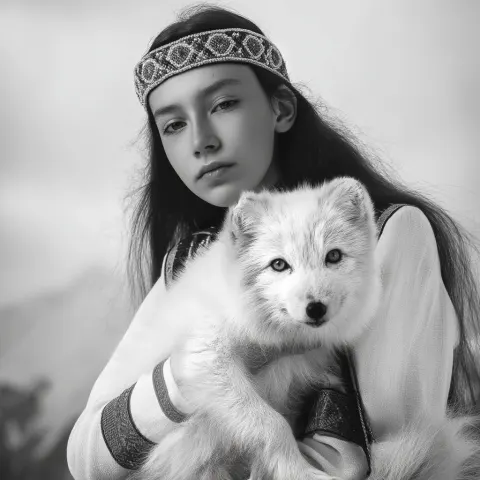 Foto close up portrait Monochromatic white of a young woman 10-15 years old in ethnic costume with h