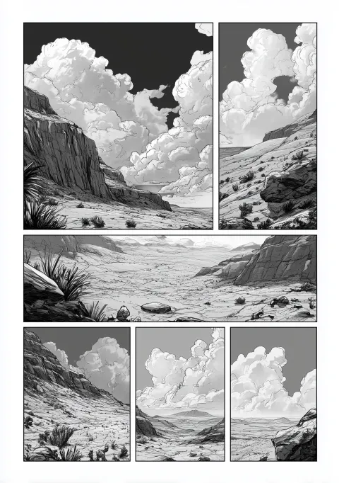 Create a 5 panel black and white comic book page that depicts different views of a desert on mars