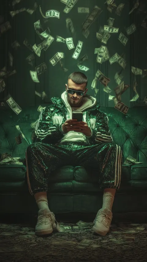 A person sitting on the couch, money rain and holding smartphone on hand