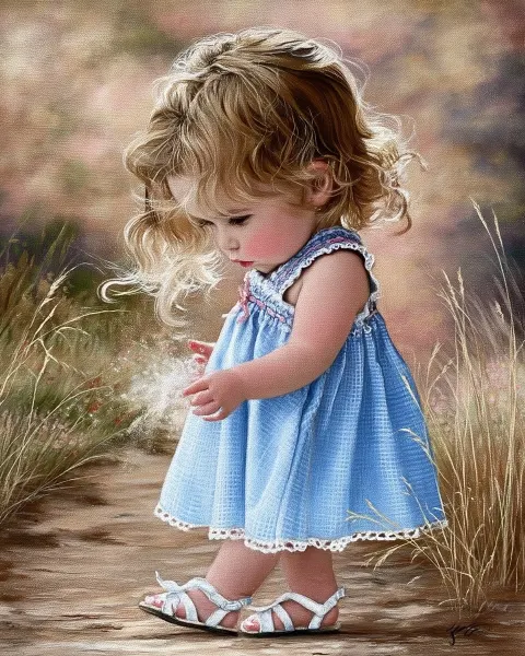 Adorable luminary chibi toddler in blue dress and sandals
