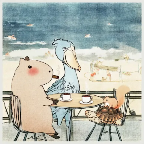 A capybara, a shoebill, a squirrel, and a turtle are sitting together at an outdoor cafe table by th