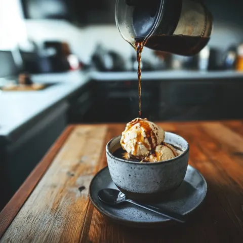 An Affogato coffee made at home, bright kitchen atmosphere