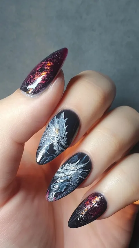 Manicure design, smoke dragon
