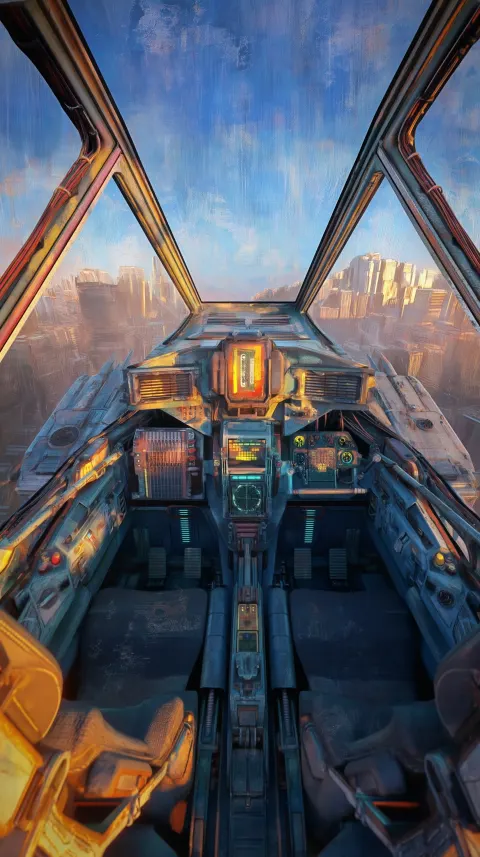 Mech cockpit, highly detailed, cinematic, retro, cassette futurism