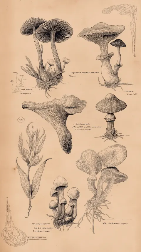 Alchemist botanical mushroom line drawings on old paper