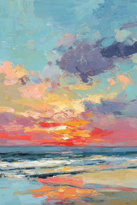 Abstract beach landscape, colorful sky at sunset, oil painting, palette knife, brush strokes