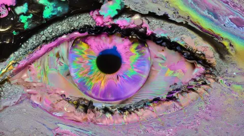 A surreal eye formed from layered forms: face, throne, hot air balloon, robot, staircase