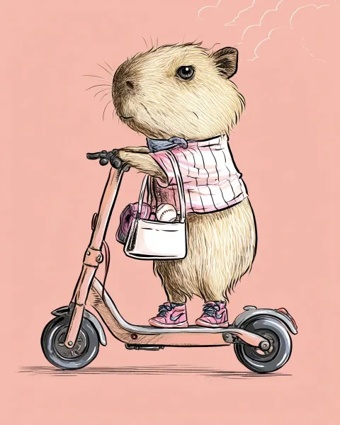 A cute coquette baby capibara wearing a softball shirt , is riding an electric scooter