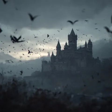 Wide shot, castle slightly off-center, bats in foreground, depth of field, mist layers, moody sky