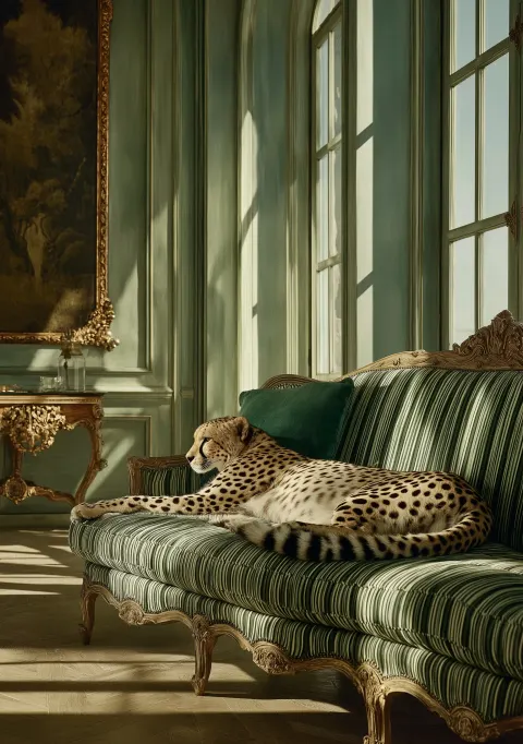 Cheetah lounging on a green striped vintage sofa with its head over the side of the sofa inside an e