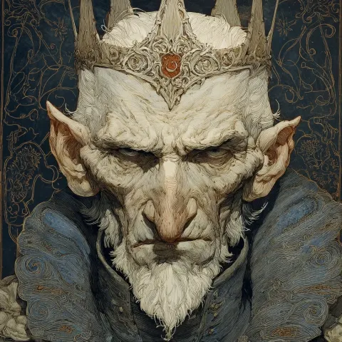 Dark and old face, thin and long, with a long node