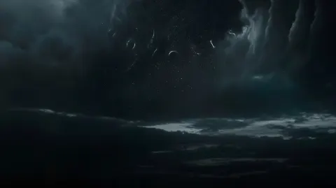 Dark night sky, stars, subtle clouds, cinematic typography, epic fantasy mood