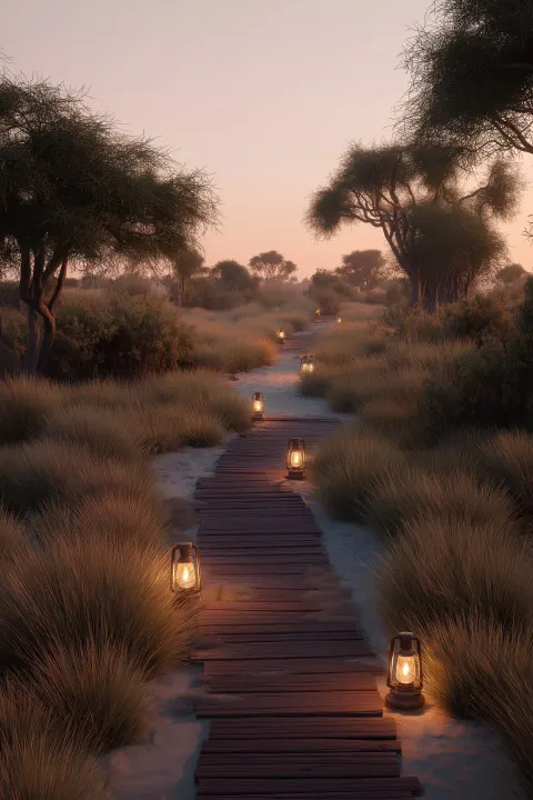 Lantern-lit safari pathway at dusk, warm glow, soft tones, minimal composition