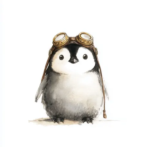 Minimal watercolor illustration, soft sketch style, low detail, not 3D, front-facing penguin