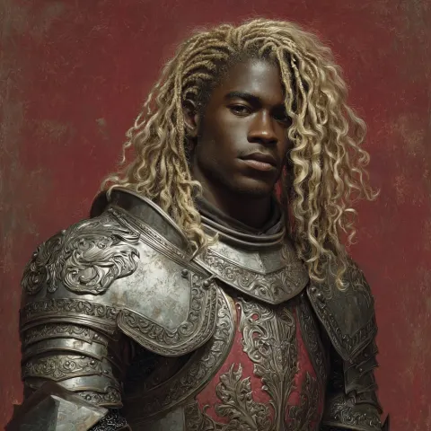 A man, handsome, attractive, masculine, black skin, has long curly blonde hair