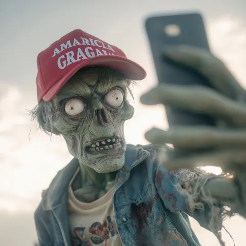 Zombie, wearing maga hat and white eyes taking selfie
