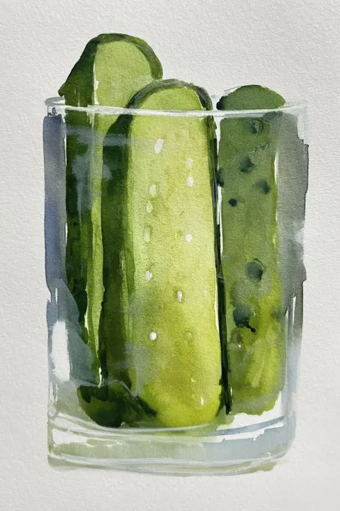 Watercolor painting of sad pickles in a glass