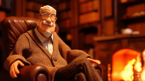 Low Poly warm firelit study, elderly gentleman with round wire-frame glasses and tweed cardigan sett