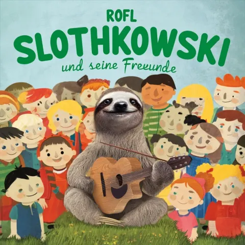 Cover for an children music album, called "Rofl Slothkowski und seine Freunde". In the middle sits a