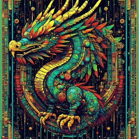 Steampunk Quetzalcoatl in Symmetrical Pixel Art