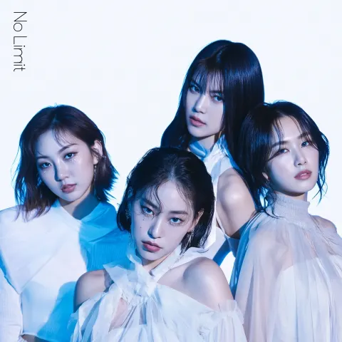 Album cover, 4 member girl group, minimal studio background, cold white and blue tones