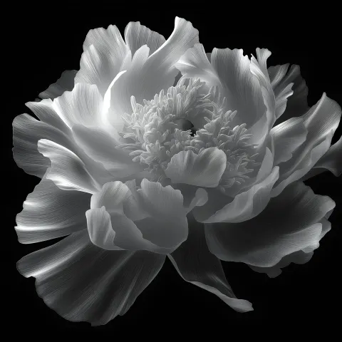 Realistic peony flower, flow like wind, black and gray, light coming from the front