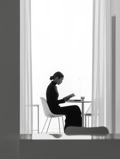 A quiet, introspective scene of a person beginning to look inward