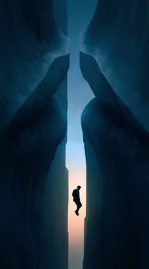 A surreal cinematic album cover of a dark-haired businessman in a suit falling into a massive canyon