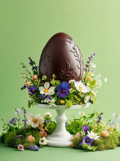 A chocolate easter egg on a white stand, decorated with flowers, isolated on a green background.