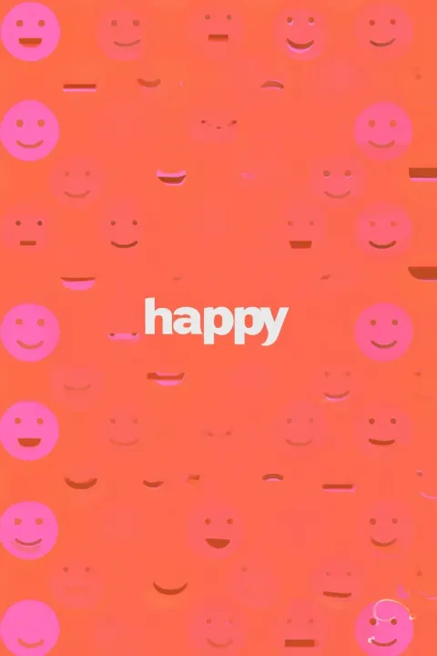 Happy, pink and orange pattern with smiley faces, 🙂 the text "happy" in the middle of the design