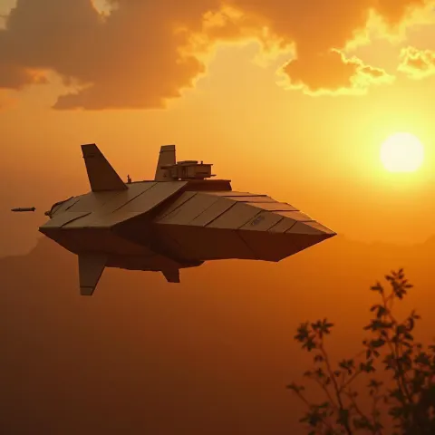Cardboard Spaceship Bathed in Golden Sunset Glow
