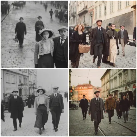 The characters move, the images grow and shrink, retro 1910 in Prague.