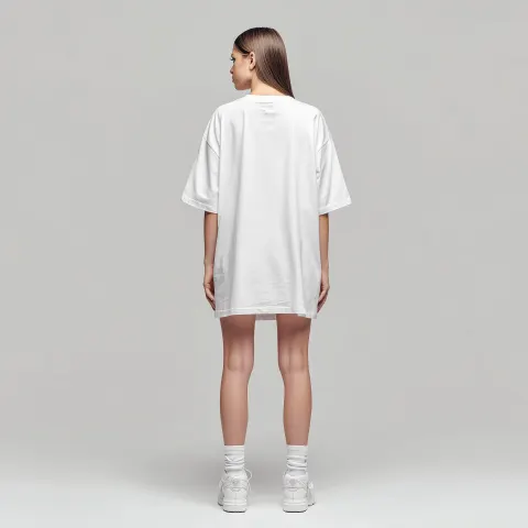 Female Model, White oversized T-Shirt, No Pants, White sneakers, straight full back view
