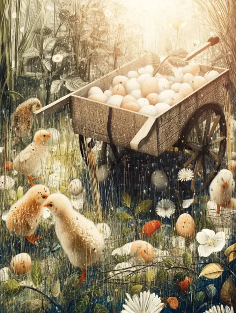 A small wooden wheelbarrow filled with softly colored Easter eggs