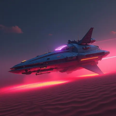 Neon Spaceship Resting in Cyberpunk Desert Sands