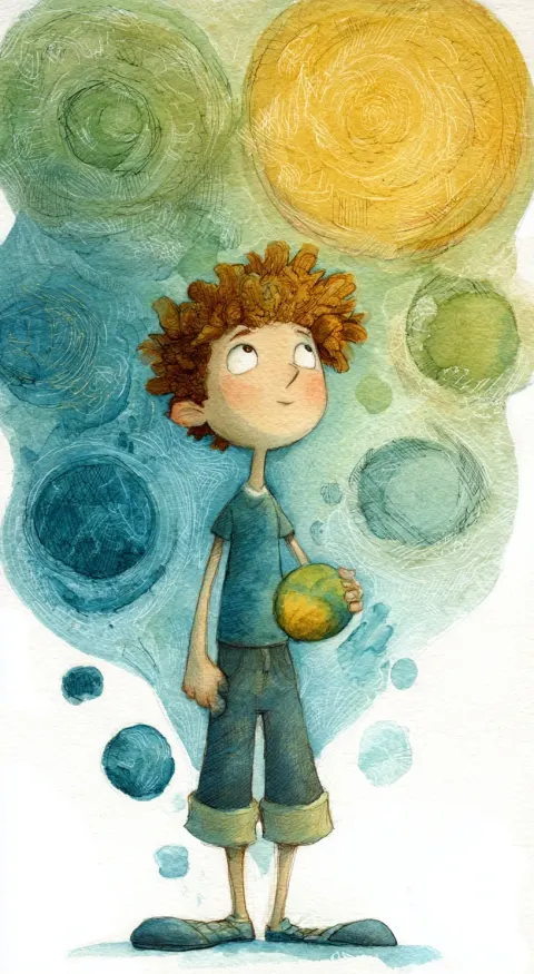 Whimsical and quirky, a 5 year old boy, with a toy, simple paint